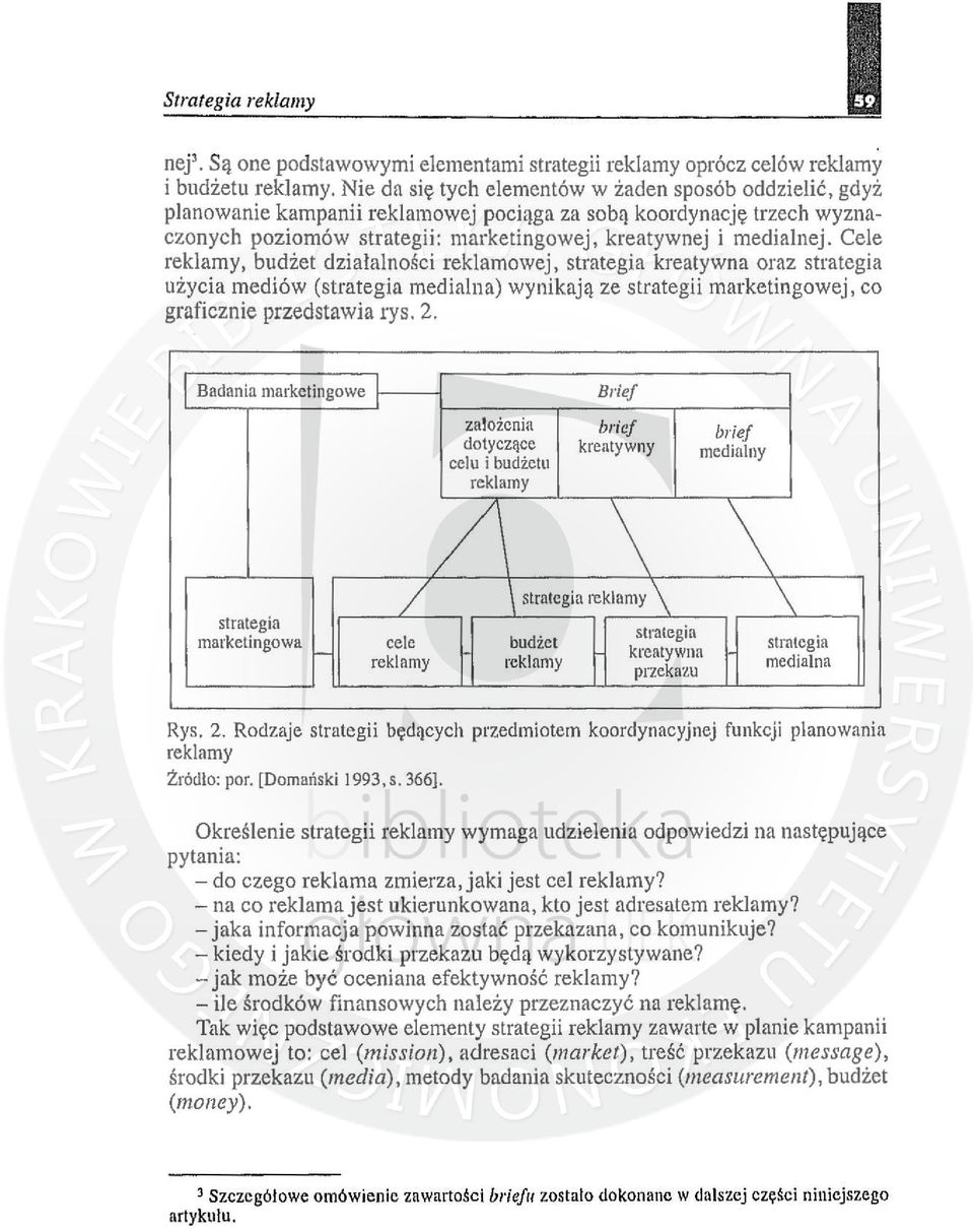 Cele reklamy, budżet działalności reklamowej, strategia kreatywna oraz strategia użycia mediów (strategia medialna) wynikają ze strategii marketingowej, co graficznie przedstawia rys. 2.