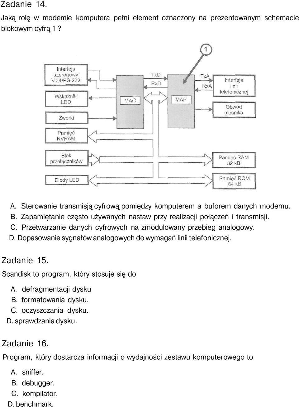 Przetwarzanie danych cyfrowych na zmodulowany przebieg analogowy. D. Dopasowanie sygnałów analogowych do wymagań linii telefonicznej. Zadanie 15.