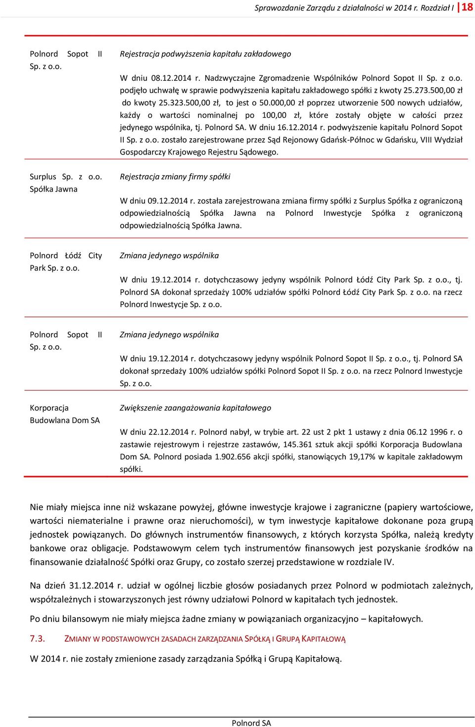 000,00 zł poprzez utworzenie 500 nowych udziałów, każdy o wartości nominalnej po 100,00 zł, które zostały objęte w całości przez jedynego wspólnika, tj.. W dniu 16.12.2014 r.