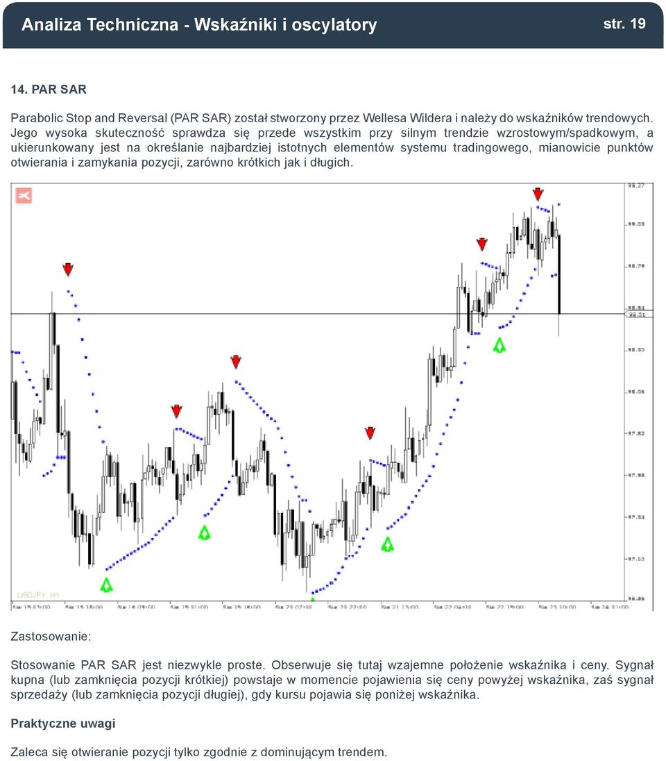 punktów otwierania i zamykania pozycji, zarówno krótkich jak i długich. Stosowanie PAR SAR jest niezwykle proste. Obserwuje się tutaj wzajemne położenie wskaźnika i ceny.