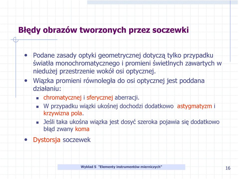 Wiązka promieni równoległa do osi optycznej jest poddana działaniu: chromatycznej i sferycznej aberracji.