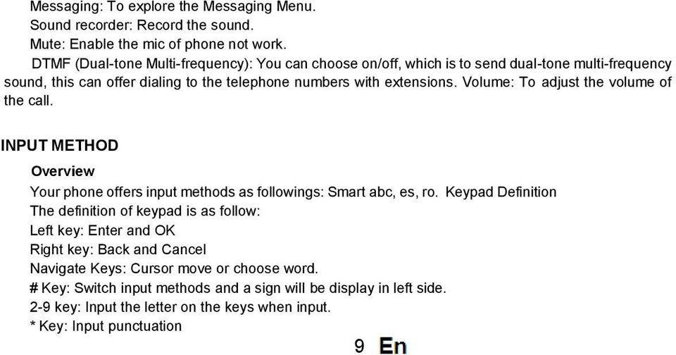 Volume: To adjust the volume of the call. INPUT METHOD Overview Your phone offers input methods as followings: Smart abc, es, ro.