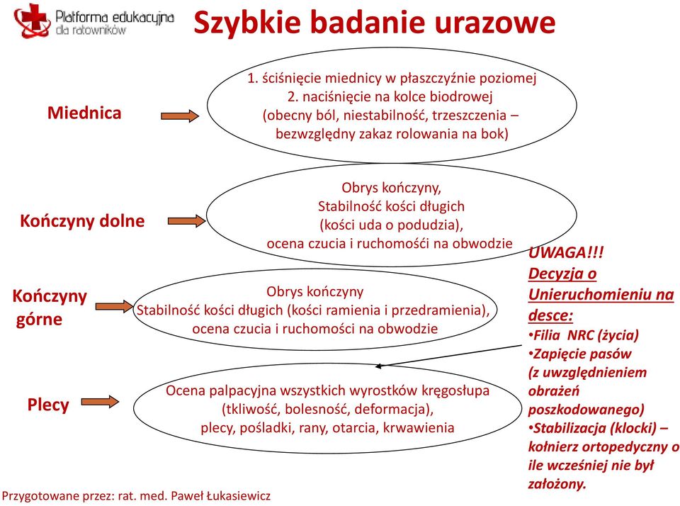 uda o podudzia), ocena czucia i ruchomośći na obwodzie Obrys kończyny Stabilność kości długich (kości ramienia i przedramienia), ocena czucia i ruchomości na obwodzie Ocena palpacyjna