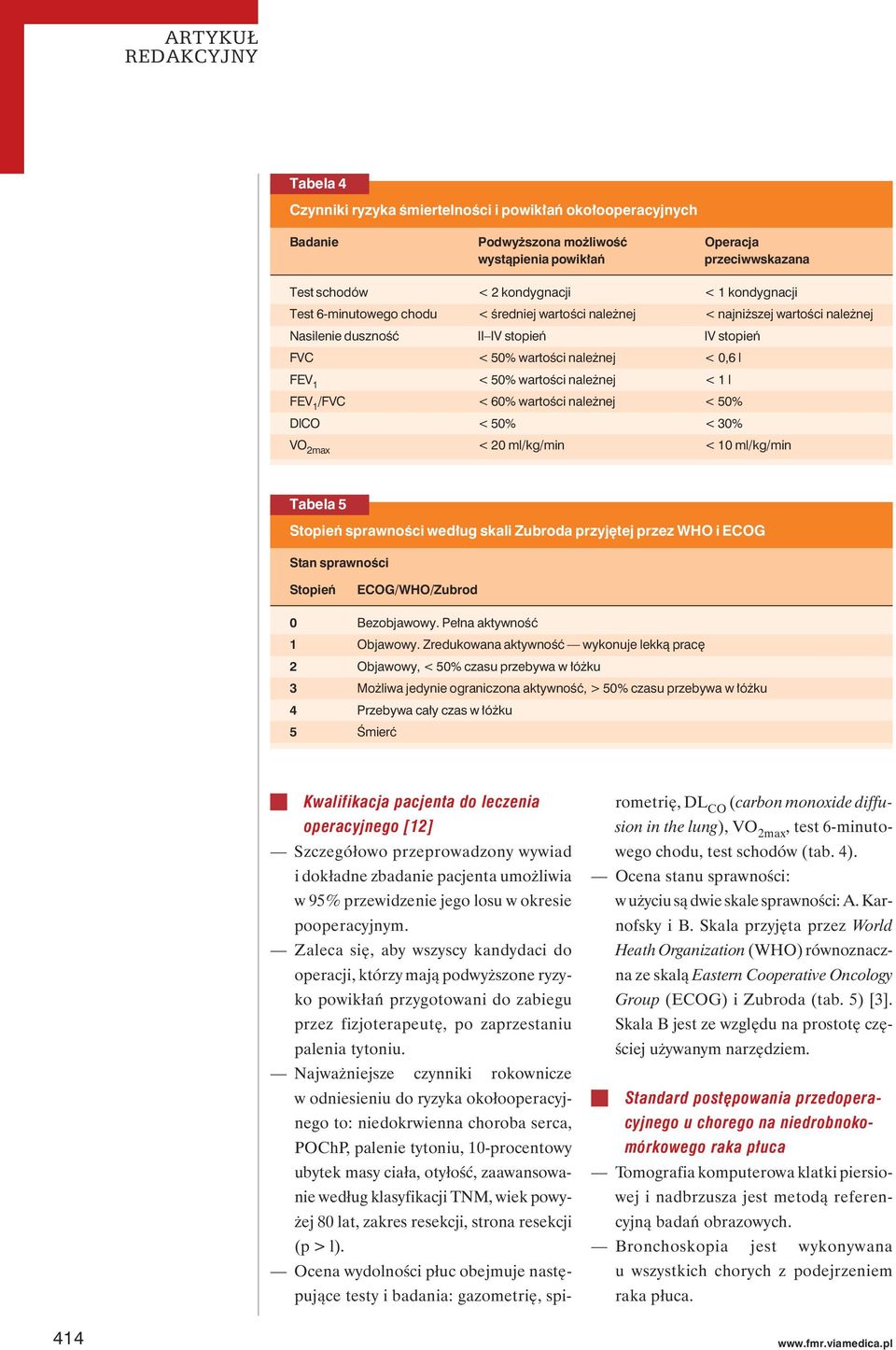 1 /FVC < 60% wartości należnej < 50% DlCO < 50% < 30% VO 2max < 20 ml/kg/min < 10 ml/kg/min Tabela 5 Stopień sprawności według skali Zubroda przyjętej przez WHO i ECOG Stan sprawności Stopień