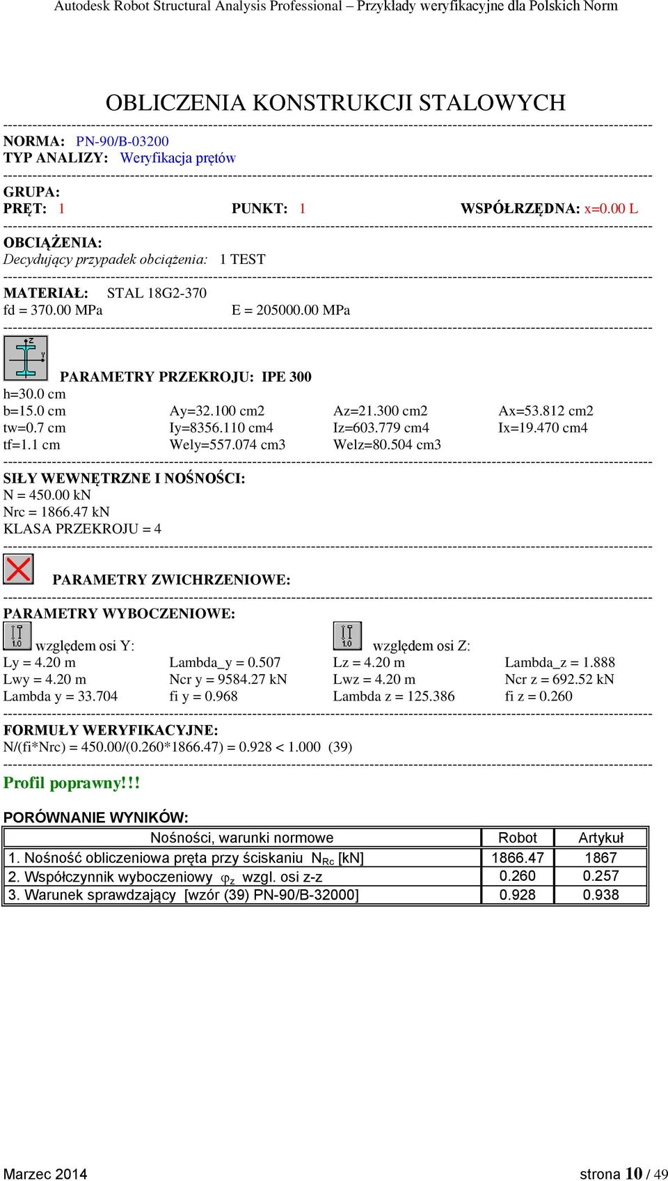 812 cm2 tw=0.7 cm Iy=8356.110 cm4 Iz=603.779 cm4 Ix=19.470 cm4 tf=1.1 cm Wely=557.074 cm3 Welz=80.504 cm3 SIŁY WEWNĘTRZNE I NOŚNOŚCI: N = 450.00 kn Nrc = 1866.