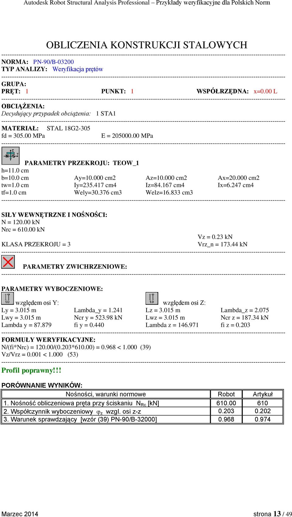 000 cm2 tw=1.0 cm Iy=235.417 cm4 Iz=84.167 cm4 Ix=6.247 cm4 tf=1.0 cm Wely=30.376 cm3 Welz=16.833 cm3 SIŁY WEWNĘTRZNE I NOŚNOŚCI: N = 120.00 kn Nrc = 610.00 kn Vz = 0.