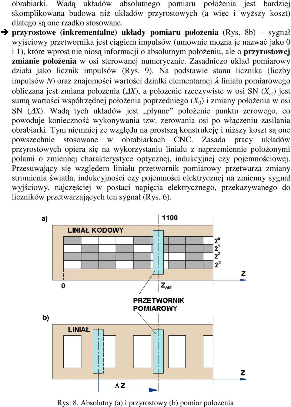 8b) sygnał wyjciowy przetwornika jest cigiem impulsów (umownie mona je nazwa jako 0 i 1), które wprost nie nios informacji o absolutnym połoeniu, ale o przyrostowej zmianie połoenia w osi sterowanej