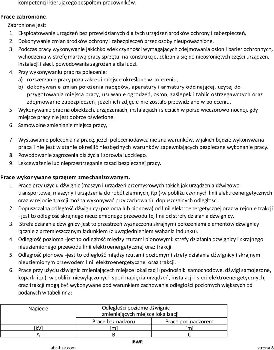 Podczas pracy wykonywanie jakichkolwiek czynności wymagających zdejmowania osłon i barier ochronnych, wchodzenia w strefę martwą pracy sprzętu, na konstrukcje, zbliżania się do nieosłoniętych części