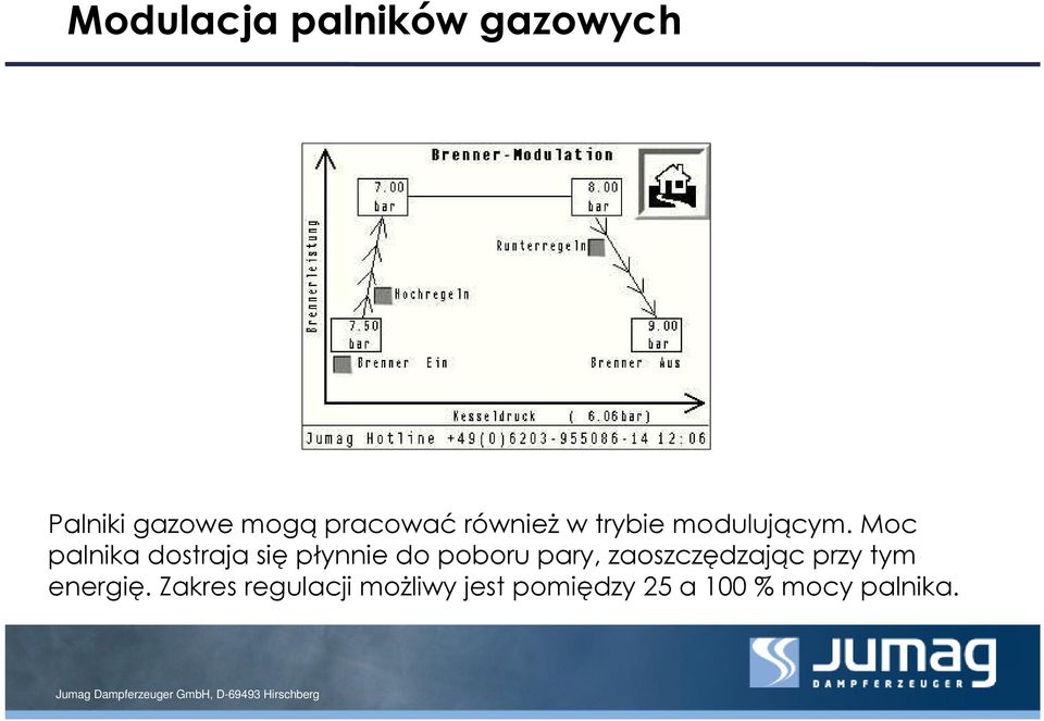 Moc palnika dostraja się płynnie do poboru pary,