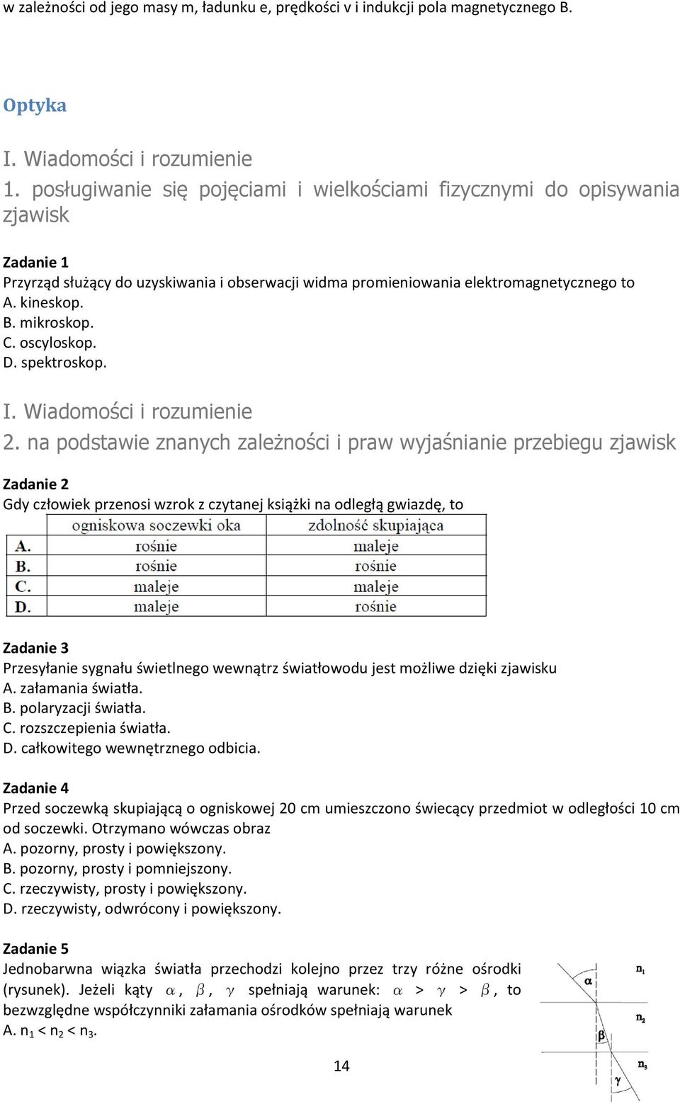 Zadanie 2 Gdy człowiek przenosi wzrok z czytanej książki na odległą gwiazdę, to Zadanie 3 Przesyłanie sygnału świetlnego wewnątrz światłowodu jest możliwe dzięki u A. załamania światła. B.