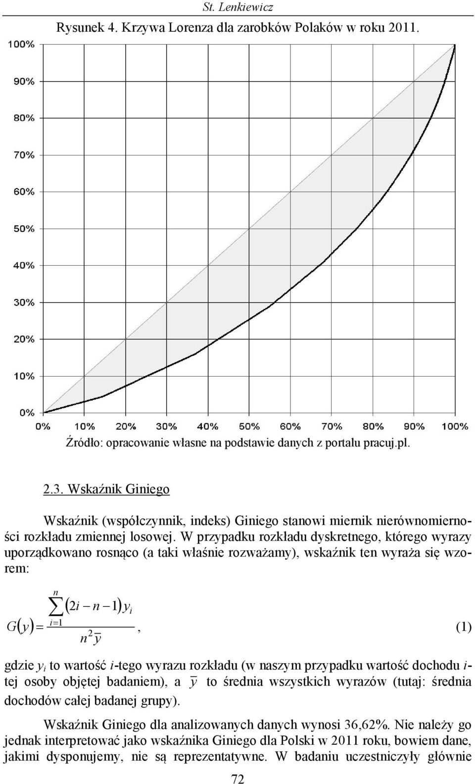 W przypadku rozkładu dyskretnego, którego wyrazy uporządkowano rosnąco (a taki właśnie rozważamy), wskaźnik ten wyraża się wzorem: G ( y) n ( 2 i n 1) yi i= 1 =, (1) 2 n y gdzie y i to wartość i-tego