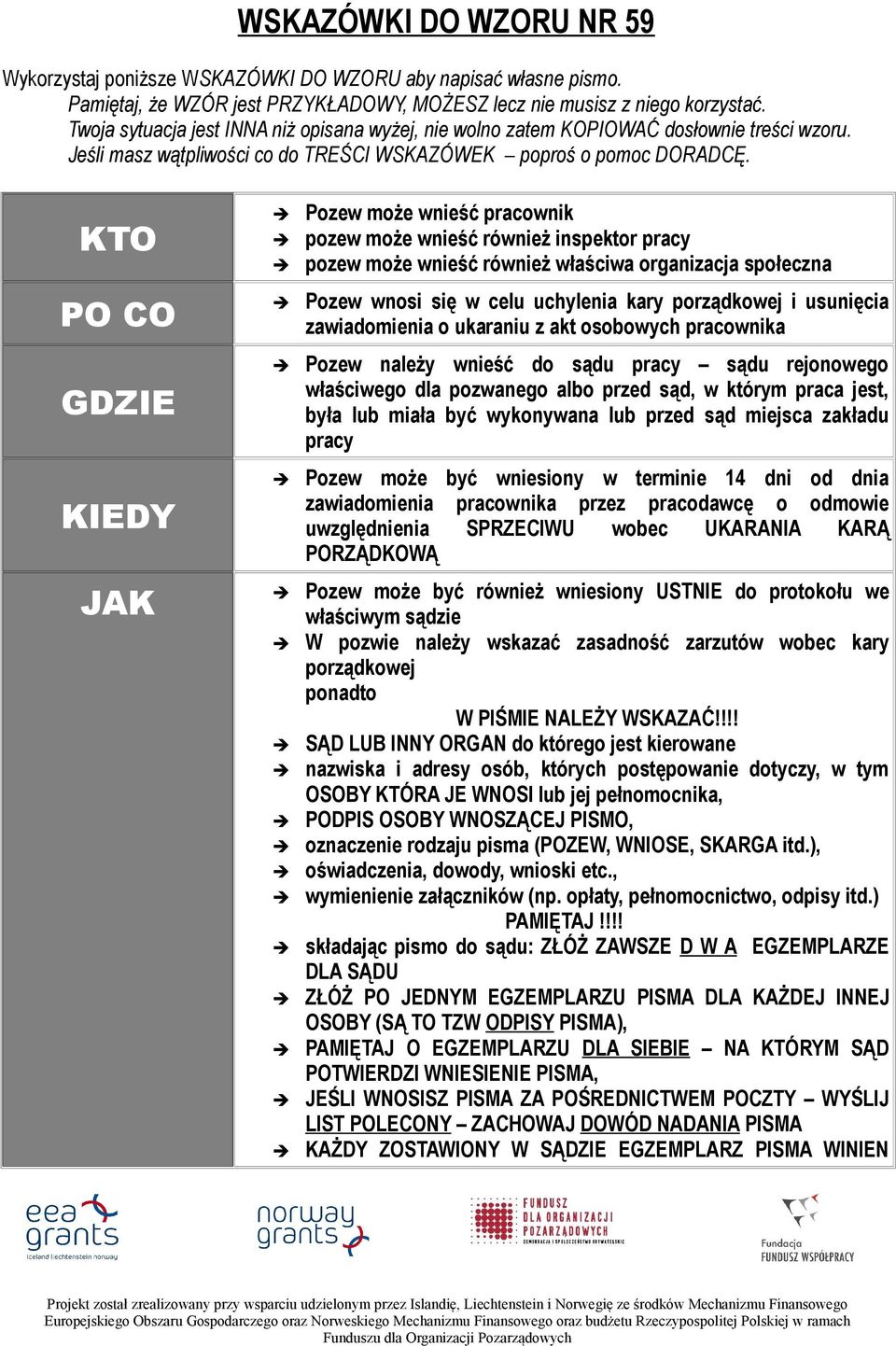 KTO PO CO GDZIE KIEDY JAK Pozew może wnieść pracownik pozew może wnieść również inspektor pracy pozew może wnieść również właściwa organizacja społeczna Pozew wnosi się w celu uchylenia kary