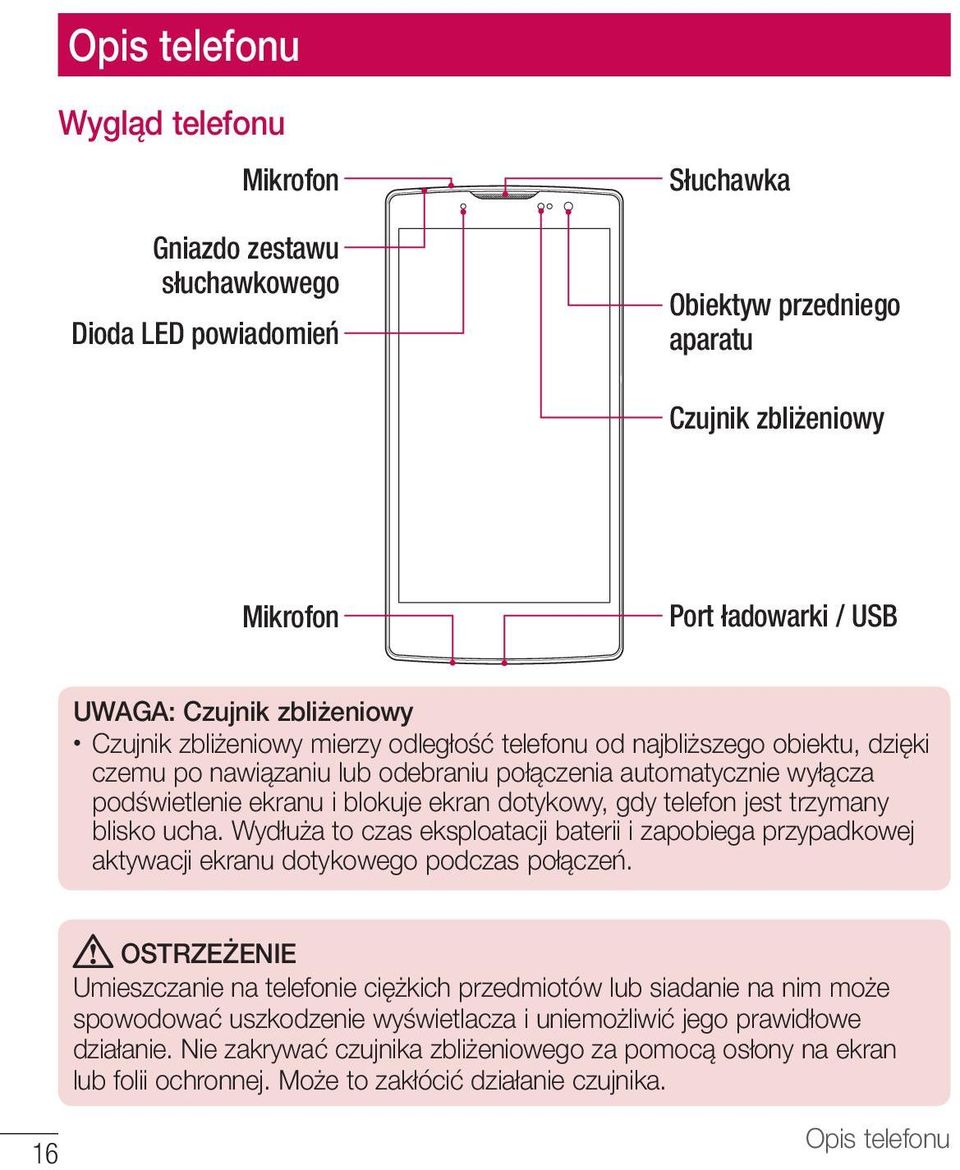 dotykowy, gdy telefon jest trzymany blisko ucha. Wydłuża to czas eksploatacji baterii i zapobiega przypadkowej aktywacji ekranu dotykowego podczas połączeń.