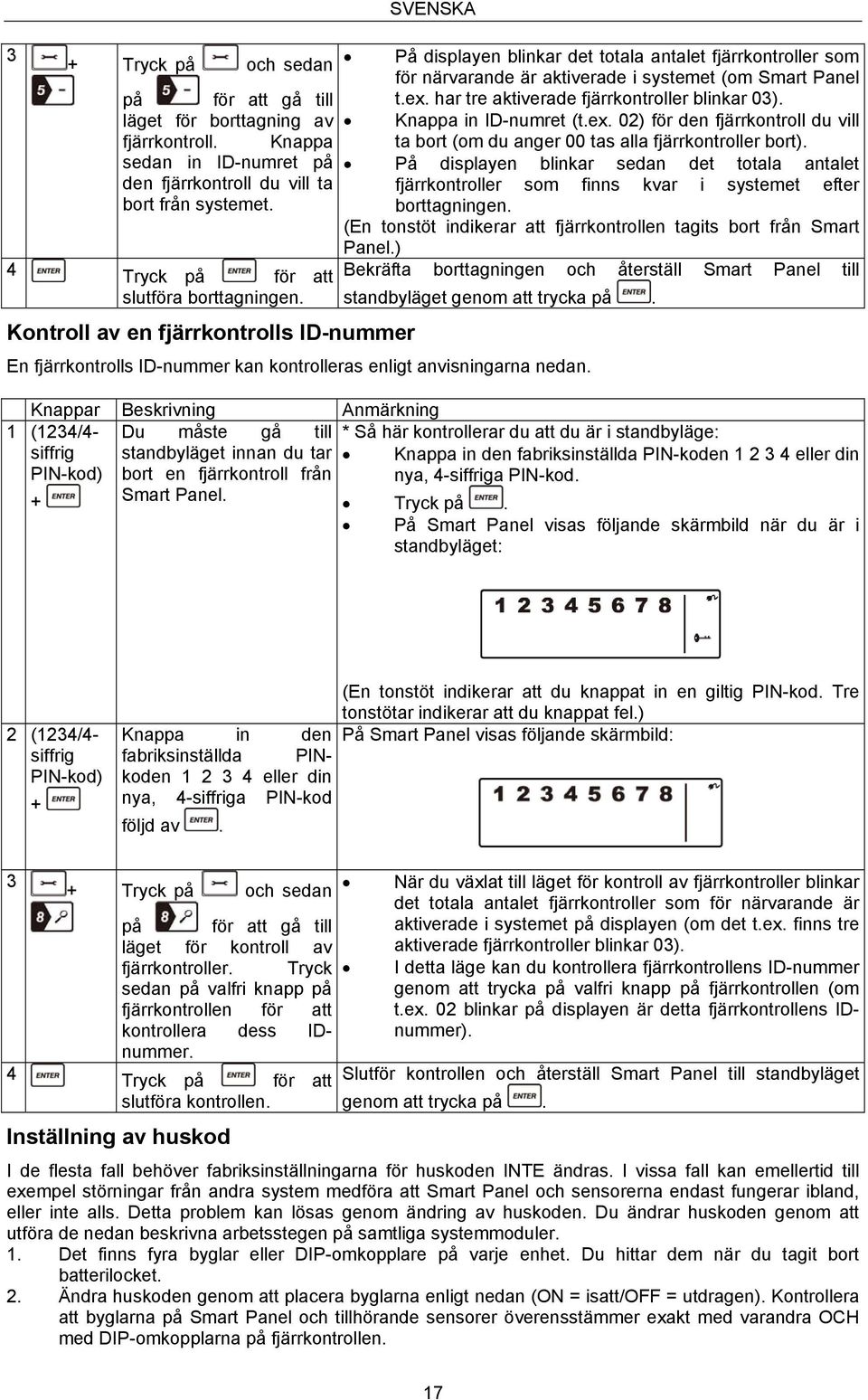 har tre aktiverade fjärrkontroller blinkar 03). Knappa in ID-numret (t.ex. 02) för den fjärrkontroll du vill ta bort (om du anger 00 tas alla fjärrkontroller bort).