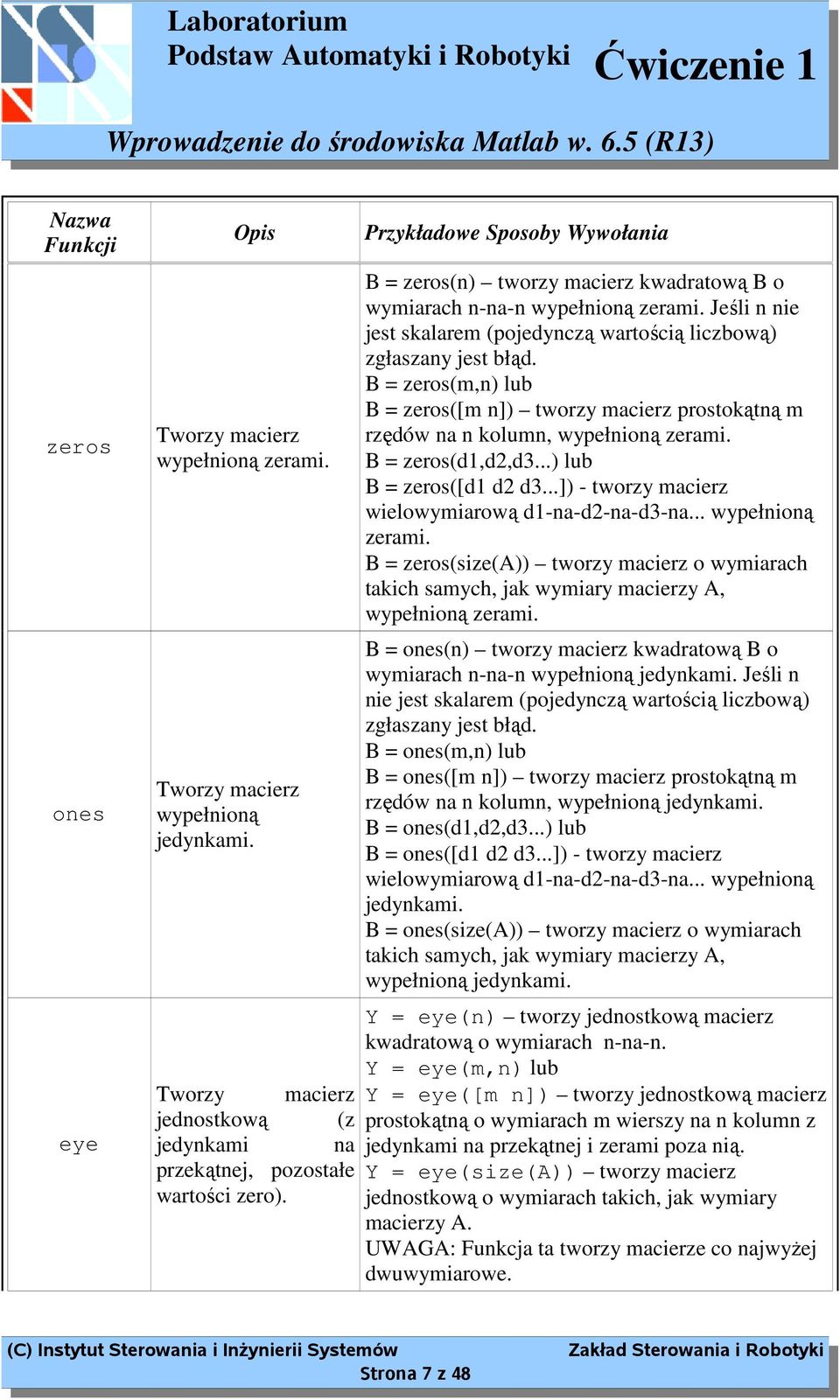 B = zeros(m,n) lub B = zeros([m n]) tworzy macierz prostokątną m rzędów na n kolumn, wypełnioną zerami. B = zeros(d1,d2,d3...) lub B = zeros([d1 d2 d3.