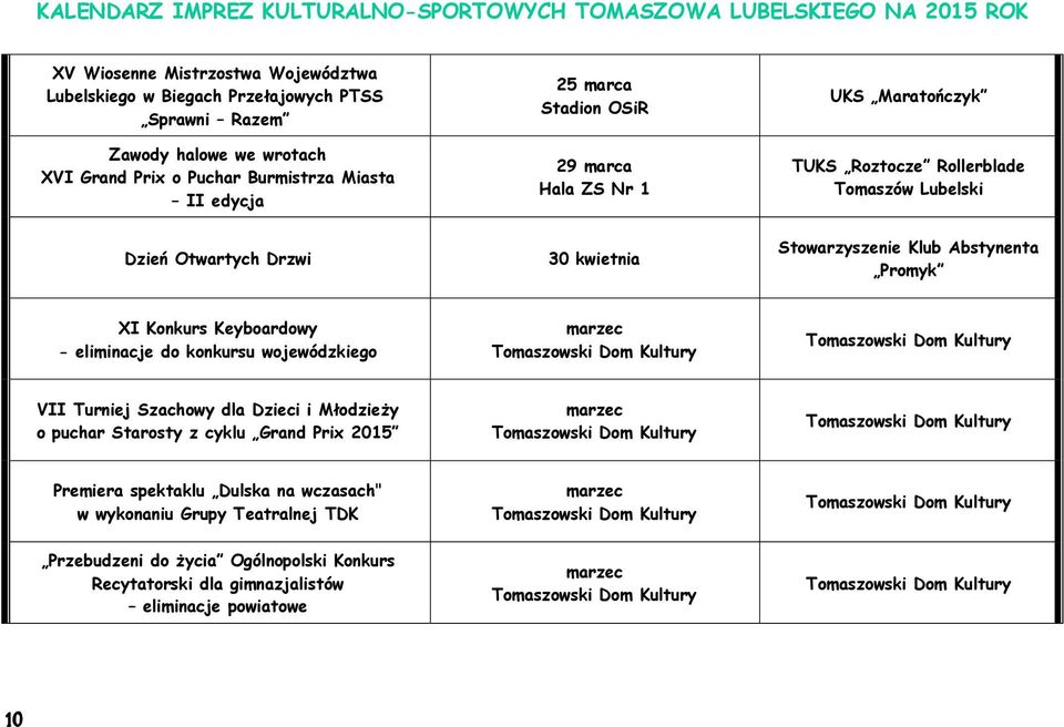 Promyk XI Konkurs Keyboardowy - eliminacje do konkursu wojewódzkiego marzec VII Turniej Szachowy dla Dzieci i Młodzieży o puchar Starosty z cyklu Grand Prix 2015 marzec