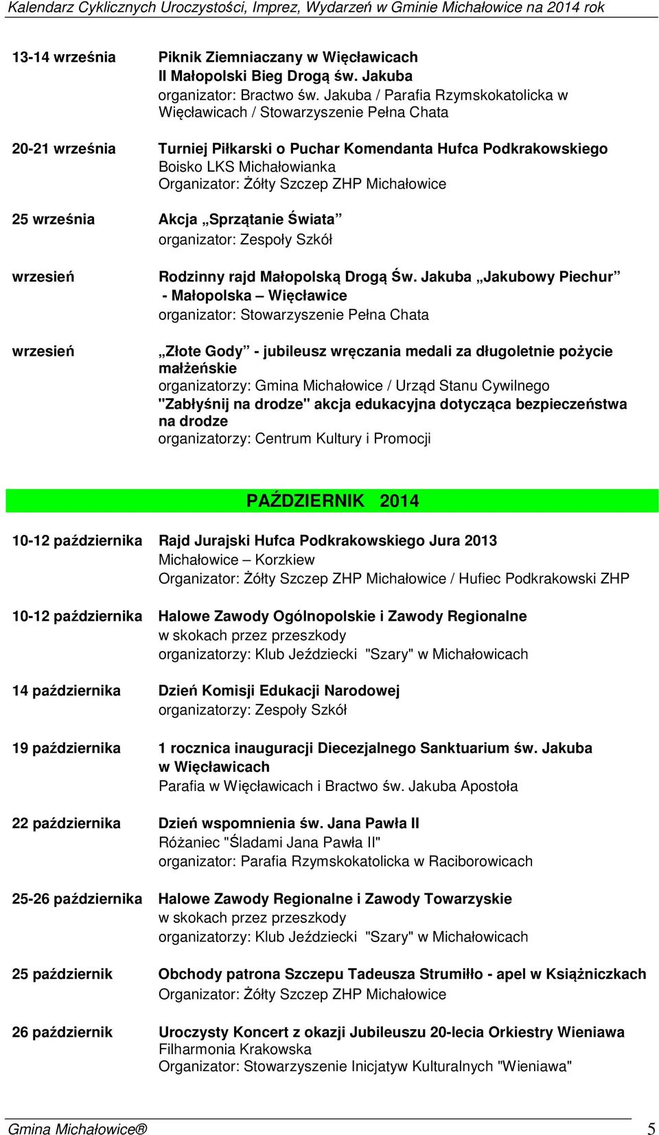 Sprzątanie Świata organizator: Zespoły Szkół wrzesień wrzesień Rodzinny rajd Małopolską Drogą Św.