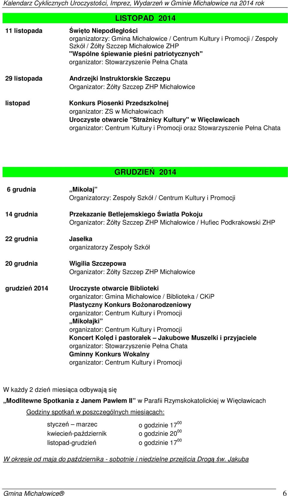 Centrum Kultury i Promocji 14 grudnia Przekazanie Betlejemskiego Światła Pokoju / Hufiec Podkrakowski ZHP 22 grudnia Jasełka organizatorzy Zespoły Szkół 20 grudnia Wigilia Szczepowa grudzień 2014