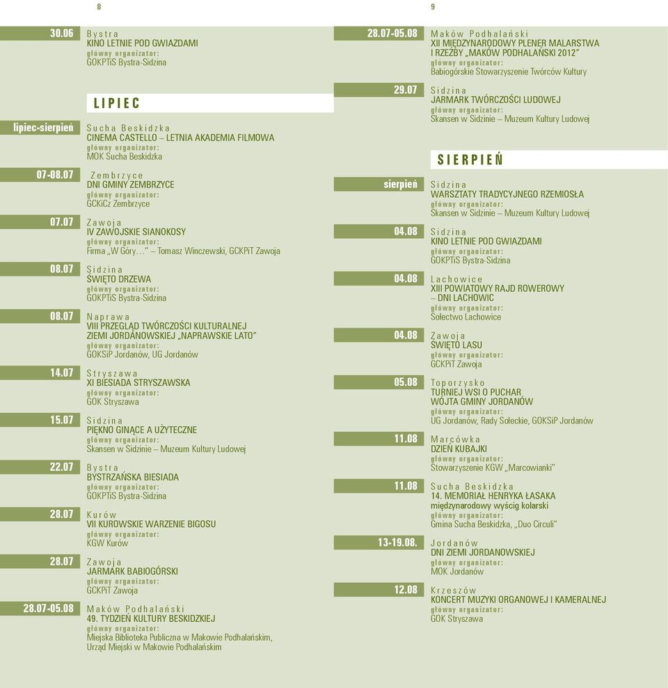 07 Naprawa VIII PRZEGLĄD TWÓRCZOŚCI KULTURALNEJ ZIEMI JORDANOWSKIEJ NAPRAWSKIE LATO GOKSiP Jordanów, UG Jordanów 14.07 Stryszawa XI BIESIADA STRYSZAWSKA 15.07 Sidzina PIĘKNO GINĄCE A UŻYTECZNE 22.