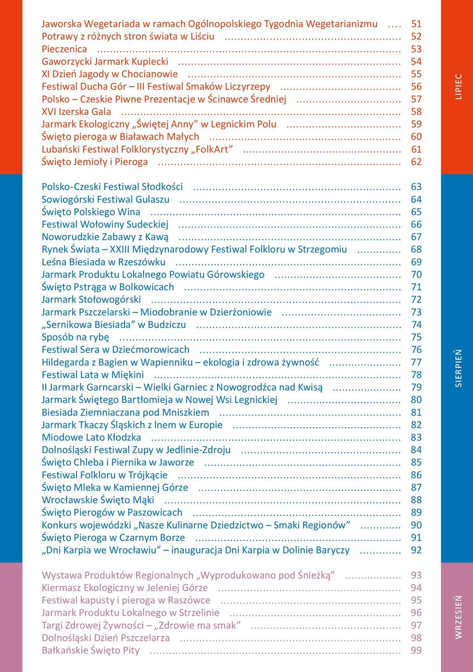 Białawach Małych 60 Lubański Festiwal Folklorystyczny FolkArt 61 Święto Jemioły i Pieroga 62 Polsko-Czeski Festiwal Słodkości 63 Sowiogórski Festiwal Gulaszu 64 Święto Polskiego Wina 65 Festiwal