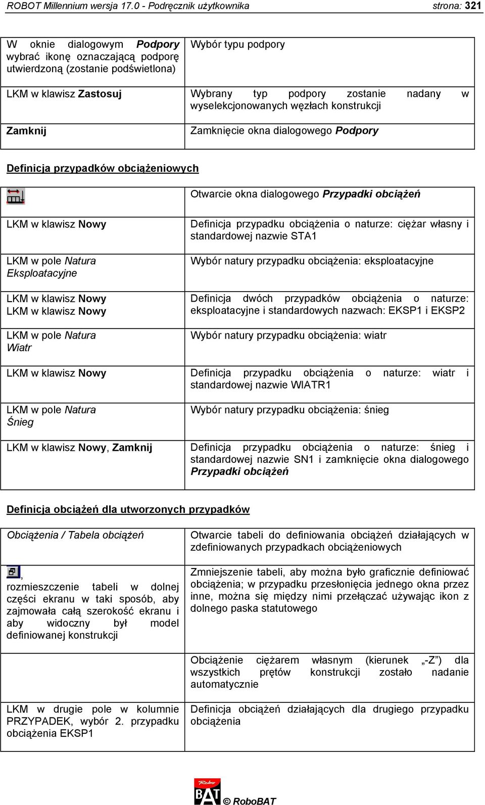 zostanie nadany w wyselekcjonowanych węzłach konstrukcji Zamknij Zamknięcie okna dialogowego Podpory Definicja przypadków obciążeniowych Otwarcie okna dialogowego Przypadki obciążeń LKM w klawisz