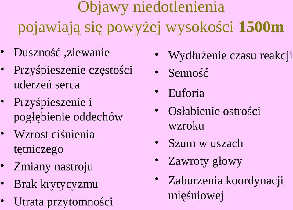 ciśnienia tętniczego Zmiany nastroju Brak krytycyzmu Utrata przytomności Wydłużenie czasu