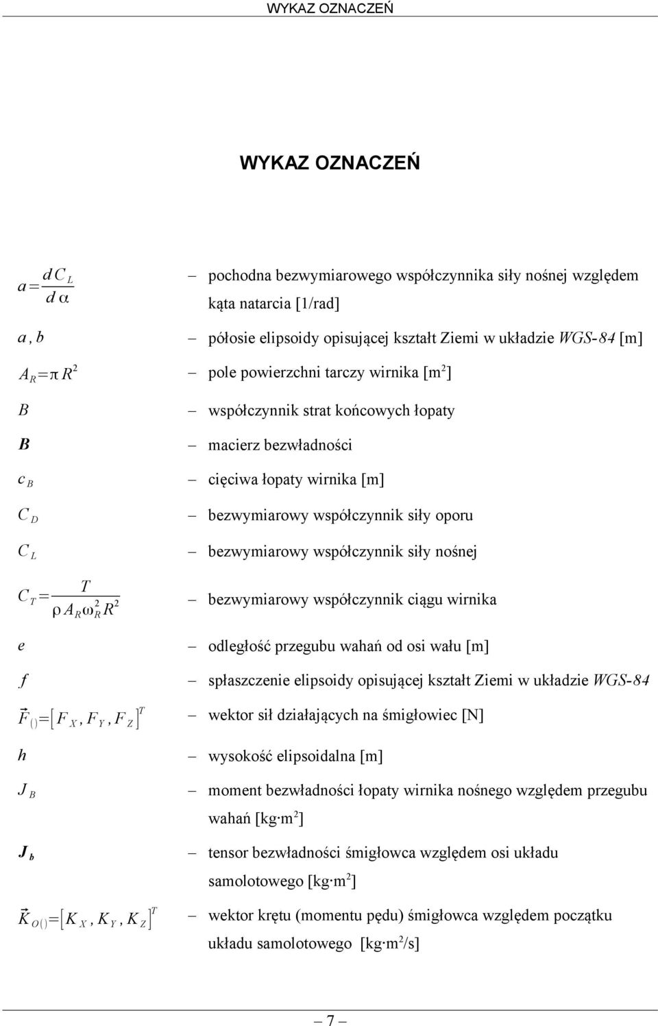 siły nośnej CT = T ρ A R ω R R bezwymiarowy współczynnik ciągu wirnika e odległość przegubu wahań od osi wału [m] f spłaszczenie elipsoidy opisującej kształt Ziemi w układzie WGS- 8 =[ F X, F Y, F Z