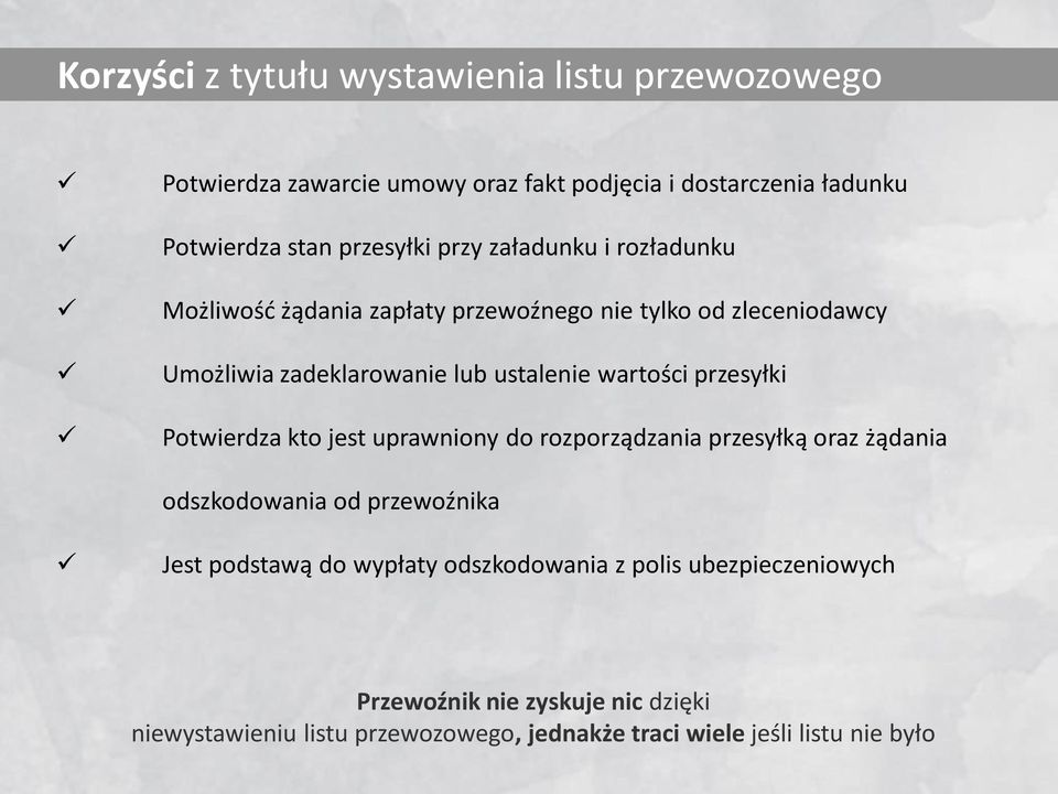 przesyłki Potwierdza kto jest uprawniony do rozporządzania przesyłką oraz żądania odszkodowania od przewoźnika Jest podstawą do wypłaty