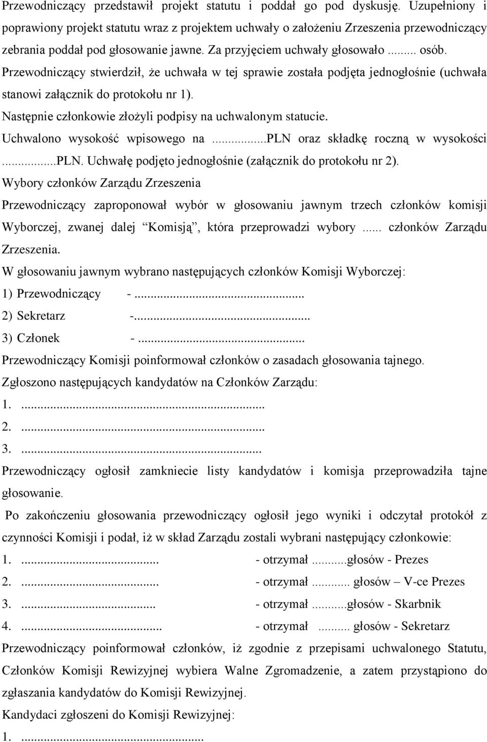 Przewodniczący stwierdził, że uchwała w tej sprawie została podjęta jednogłośnie (uchwała stanowi załącznik do protokołu nr 1). Następnie członkowie złożyli podpisy na uchwalonym statucie.