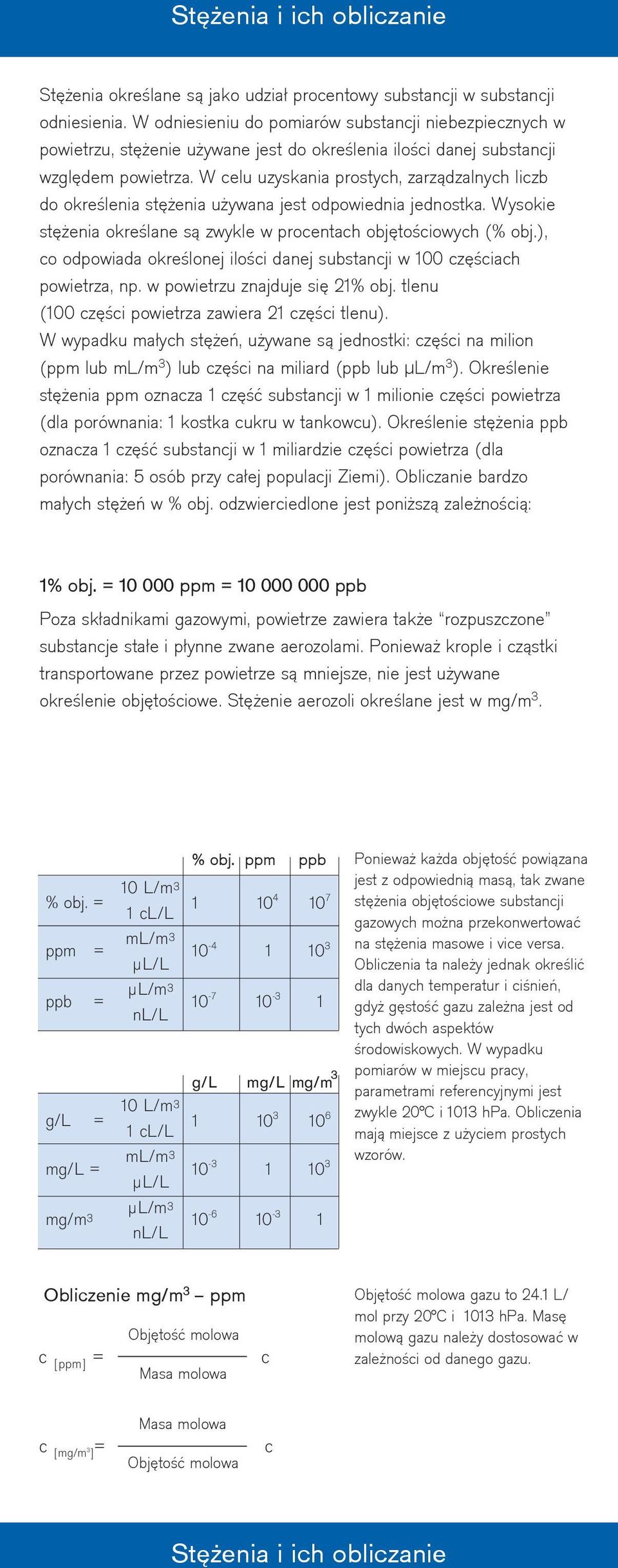 W celu uzyskania prostych, zarządzalnych liczb do określenia stężenia używana jest odpowiednia jednostka. Wysokie stężenia określane są zwykle w procentach objętościowych (% obj.