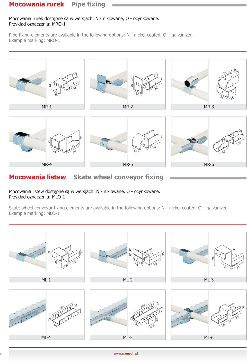 Example marking: MRO-1 MR-1 MR-2 MR-3 MR-4 Mocowania listew MR-5 Skate wheel conveyor fixing MR-6 Mocowania listew dostępne są w wersjach: