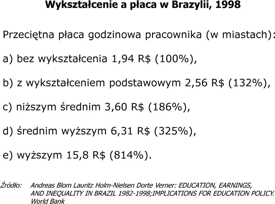 (186%), d) średnim wyższym 6,31 R$ (325%), e) wyższym 15,8 R$ (814%).