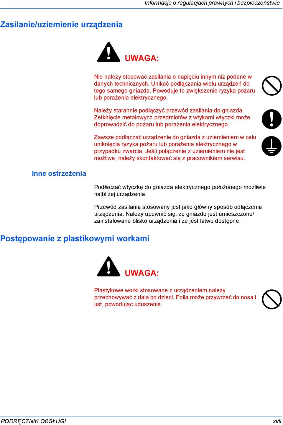 Zetknięcie metalowych przedmiotów z wtykami wtyczki może doprowadzić do pożaru lub porażenia elektrycznego.