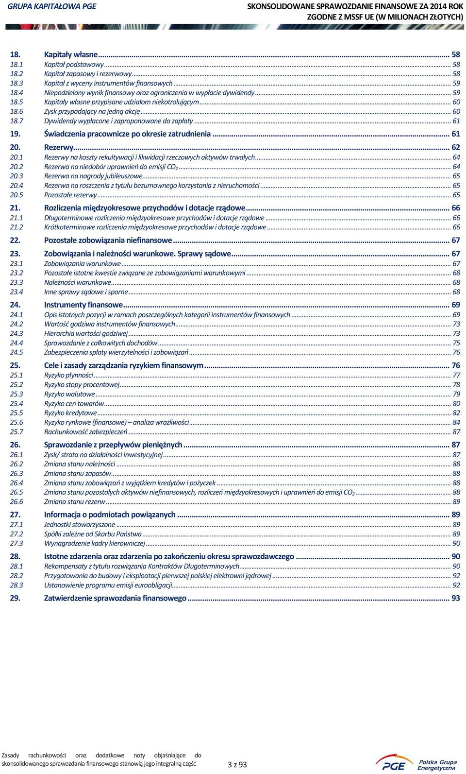 .. 61 19. Świadczenia pracownicze po okresie zatrudnienia... 61 20. Rezerwy... 62 20.1 Rezerwy na koszty rekultywacji i likwidacji rzeczowych aktywów trwałych... 64 20.