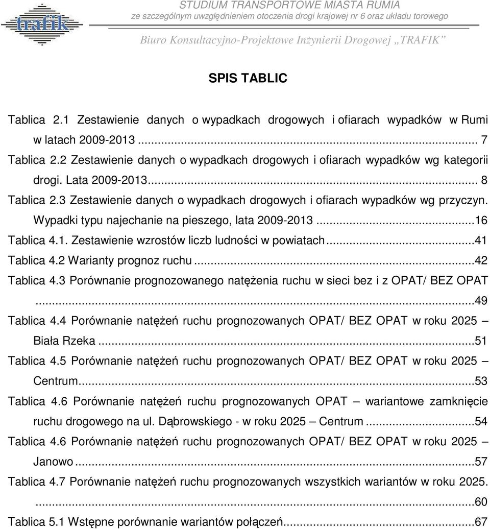 Wypadki typu najechanie na pieszego, lata 2009-2013...16 Tablica 4.1. Zestawienie wzrostów liczb ludności w powiatach...41 Tablica 4.2 Warianty prognoz ruchu...42 Tablica 4.