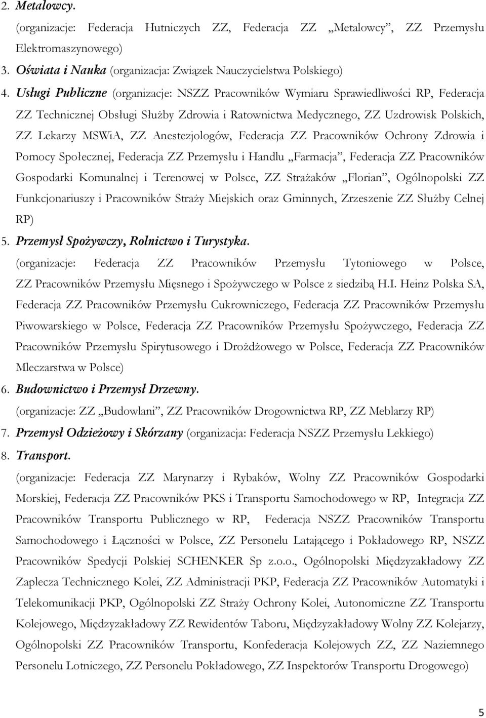 Anestezjologów, Federacja ZZ Pracowników Ochrony Zdrowia i Pomocy Społecznej, Federacja ZZ Przemysłu i Handlu,,Farmacja, Federacja ZZ Pracowników Gospodarki Komunalnej i Terenowej w Polsce, ZZ