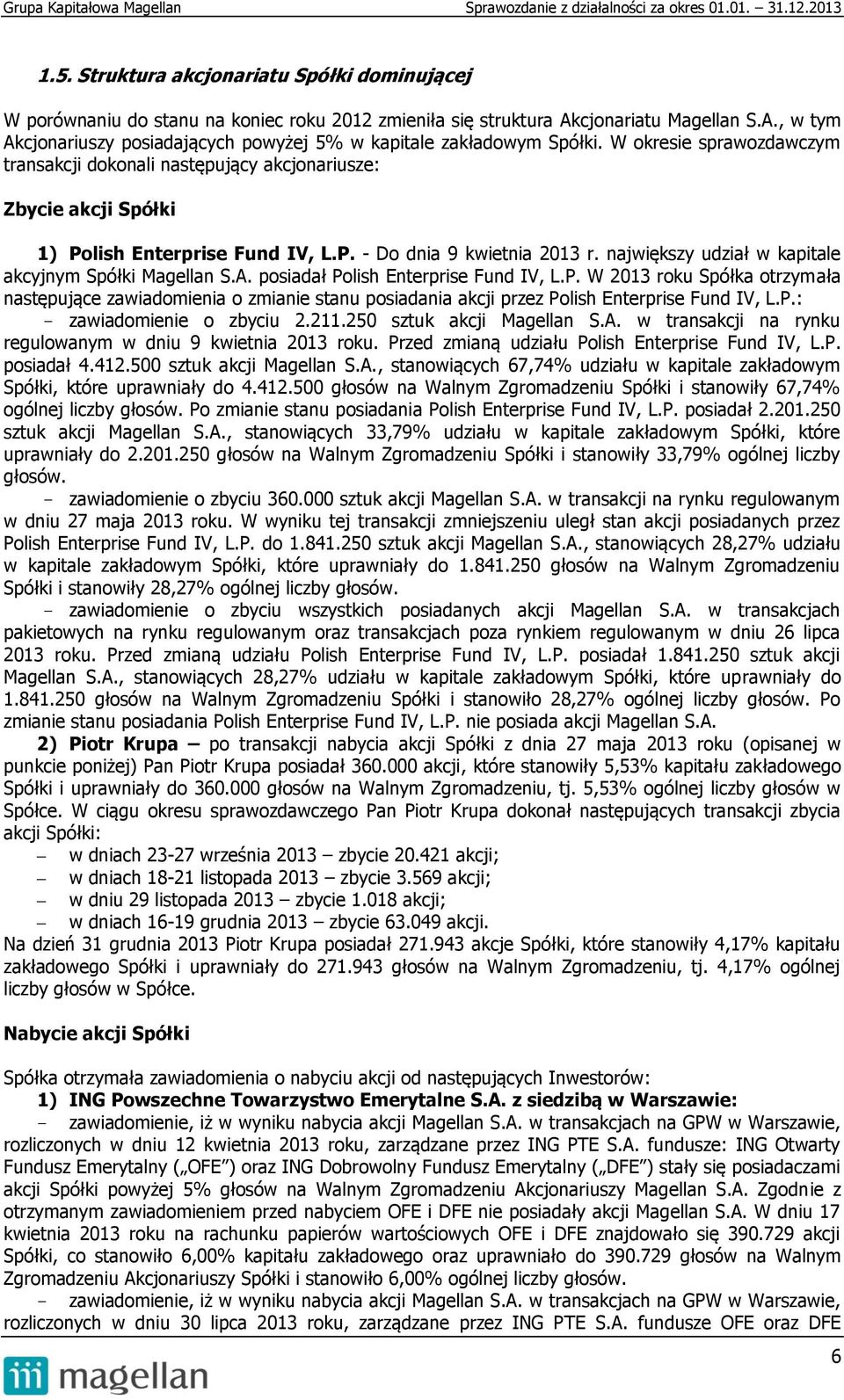 największy udział w kapitale akcyjnym Spółki Magellan S.A. posiadał Polish Enterprise Fund IV, L.P. W 2013 roku Spółka otrzymała następujące zawiadomienia o zmianie stanu posiadania akcji przez Polish Enterprise Fund IV, L.