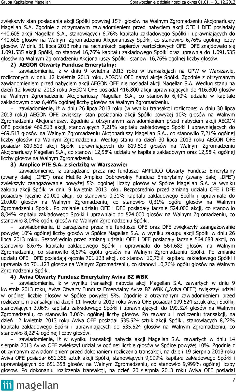 W dniu 31 lipca 2013 roku na rachunkach papierów wartościowych OFE i DFE znajdowało się 1.091.535 akcji Spółki, co stanowi 16,76% kapitału zakładowego Spółki oraz uprawnia do 1.091.535 głosów na Walnym Zgromadzeniu Akcjonariuszy Spółki i stanowi 16,76% ogólnej liczby głosów.