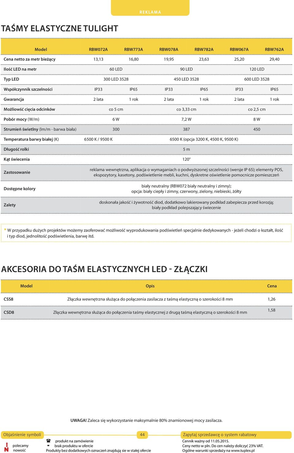 mocy (W/m) 6 W 7,2 W 8 W Strumień świetlny (lm/m - barwa biała) 300 387 450 Temperatura barwy białej (K) 6500 K / 9500 K 6500 K (opcja 3200 K, 4500 K, 9500 K) Długość rolki 5 m Kąt świecenia 120