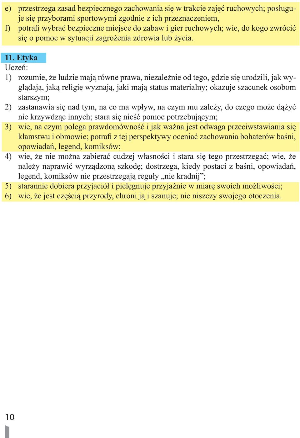 Etyka Uczeń: 1) rozumie, że ludzie mają równe prawa, niezależnie od tego, gdzie się urodzili, jak wyglądają, jaką religię wyznają, jaki mają status materialny; okazuje szacunek osobom starszym; 2)