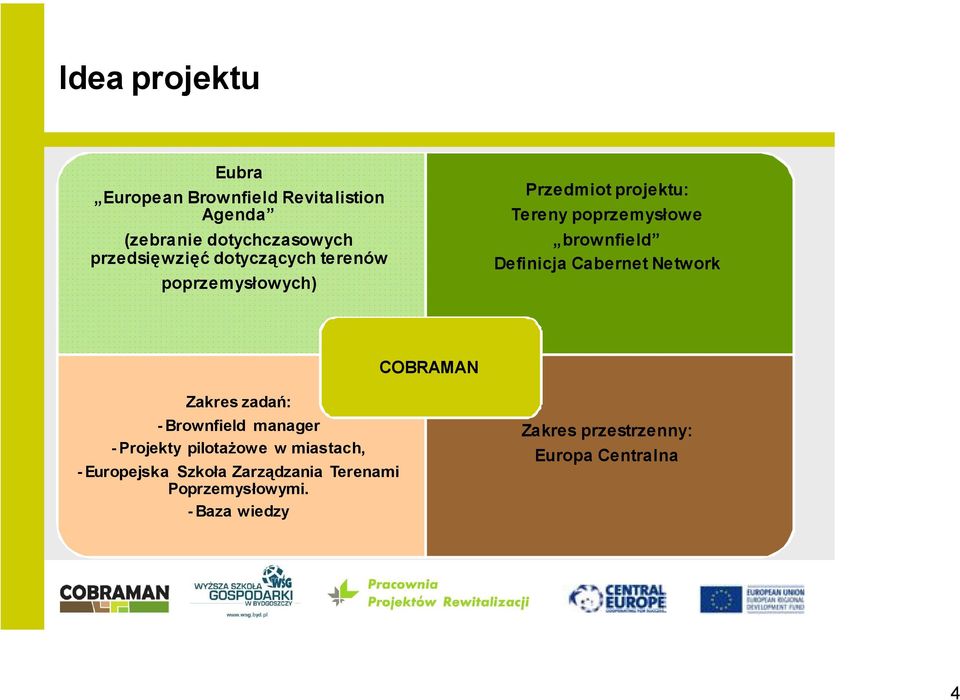 Cabernet Network COBRAMAN Zakres zadań: - Brownfield manager - Projekty pilotażowe w miastach, -