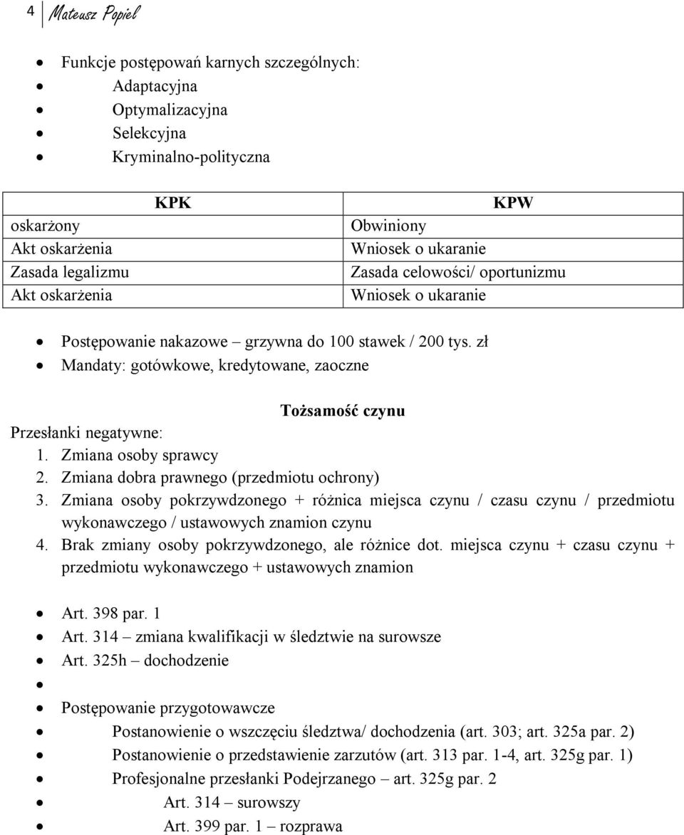 zł Mandaty: gotówkowe, kredytowane, zaoczne Tożsamość czynu Przesłanki negatywne: 1. Zmiana osoby sprawcy 2. Zmiana dobra prawnego (przedmiotu ochrony) 3.