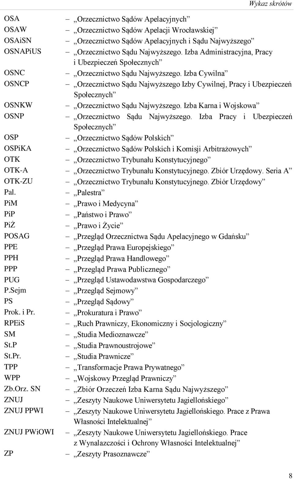 Izba Cywilna OSNCP Orzecznictwo Sądu Najwyższego Izby Cywilnej, Pracy i Ubezpieczeń Społecznych OSNKW Orzecznictwo Sądu Najwyższego. Izba Karna i Wojskowa OSNP Orzecznictwo Sądu Najwyższego.