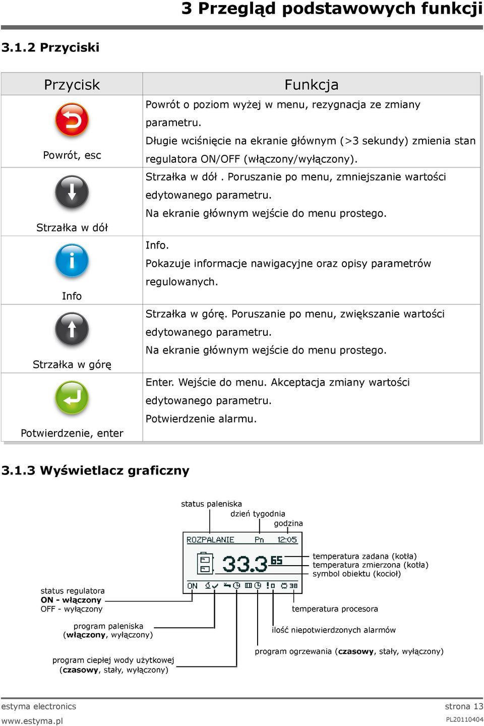 Na ekranie głównym wejście do menu prostego. Strzałka w dół Info. Pokazuje informacje nawigacyjne oraz opisy parametrów regulowanych. Info Strzałka w górę.