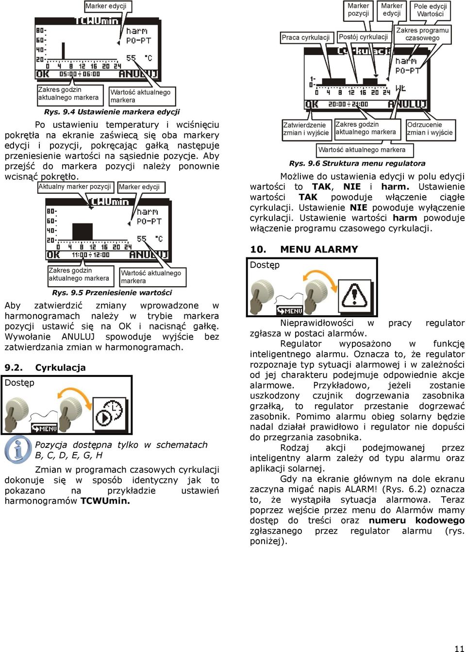 pozycje. Aby przejść do markera pozycji należy ponownie wcisnąć pokrętło. 6 Struktura menu regulatora Możliwe do ustawienia edycji w polu edycji wartości to TAK, NIE i harm.