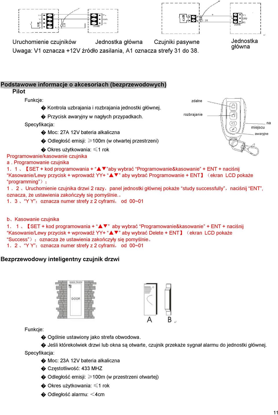 Moc: 27A 12V bateria alkaliczna Odległość emisji: 100m (w otwartej przestrzeni) zdalne rozbrajanie na miejscu Okres użytkowania: 1 rok Programowanie/kasowanie czujnika a. Programowanie czujnika 1.