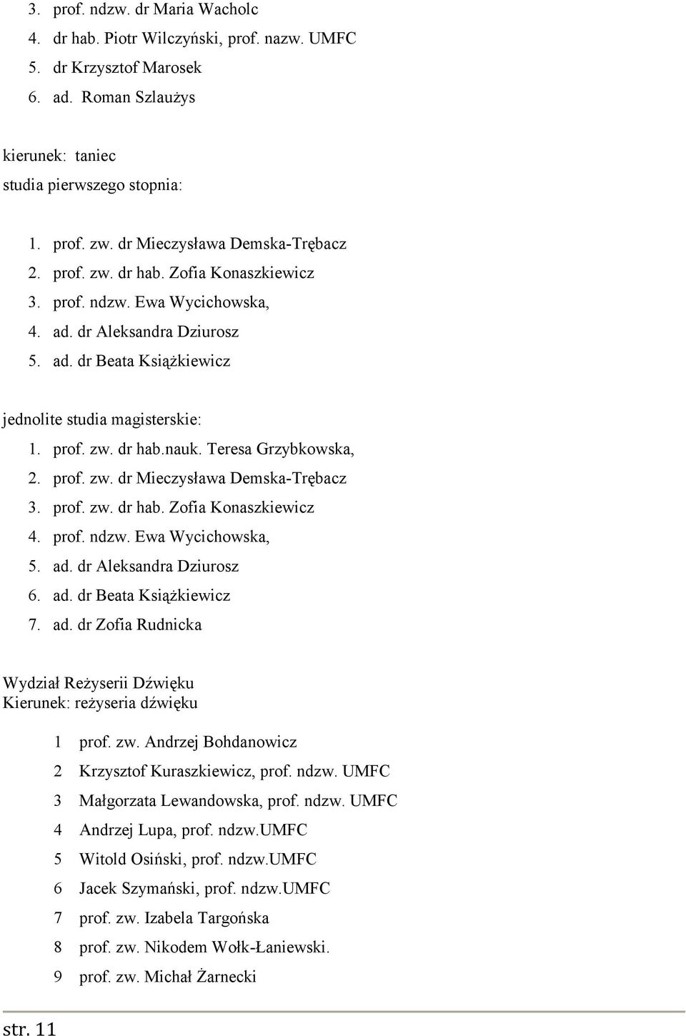 prof. zw. dr hab.nauk. Teresa Grzybkowska, 2. prof. zw. dr Mieczysława Demska-Trębacz 3. prof. zw. dr hab. Zofia Konaszkiewicz 4. prof. ndzw. Ewa Wycichowska, 5. ad. dr Aleksandra Dziurosz 6. ad. dr Beata Książkiewicz 7.