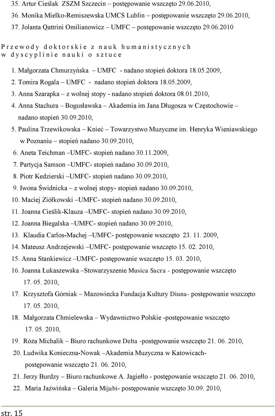 Małgorzata Chmurzyńska UMFC - nadano stopień doktora 18.05.2009, 2. Tomira Rogala UMFC - nadano stopień doktora 18.05.2009, 3. Anna Szarapka z wolnej stopy - nadano stopień doktora 08.01.2010, 4.