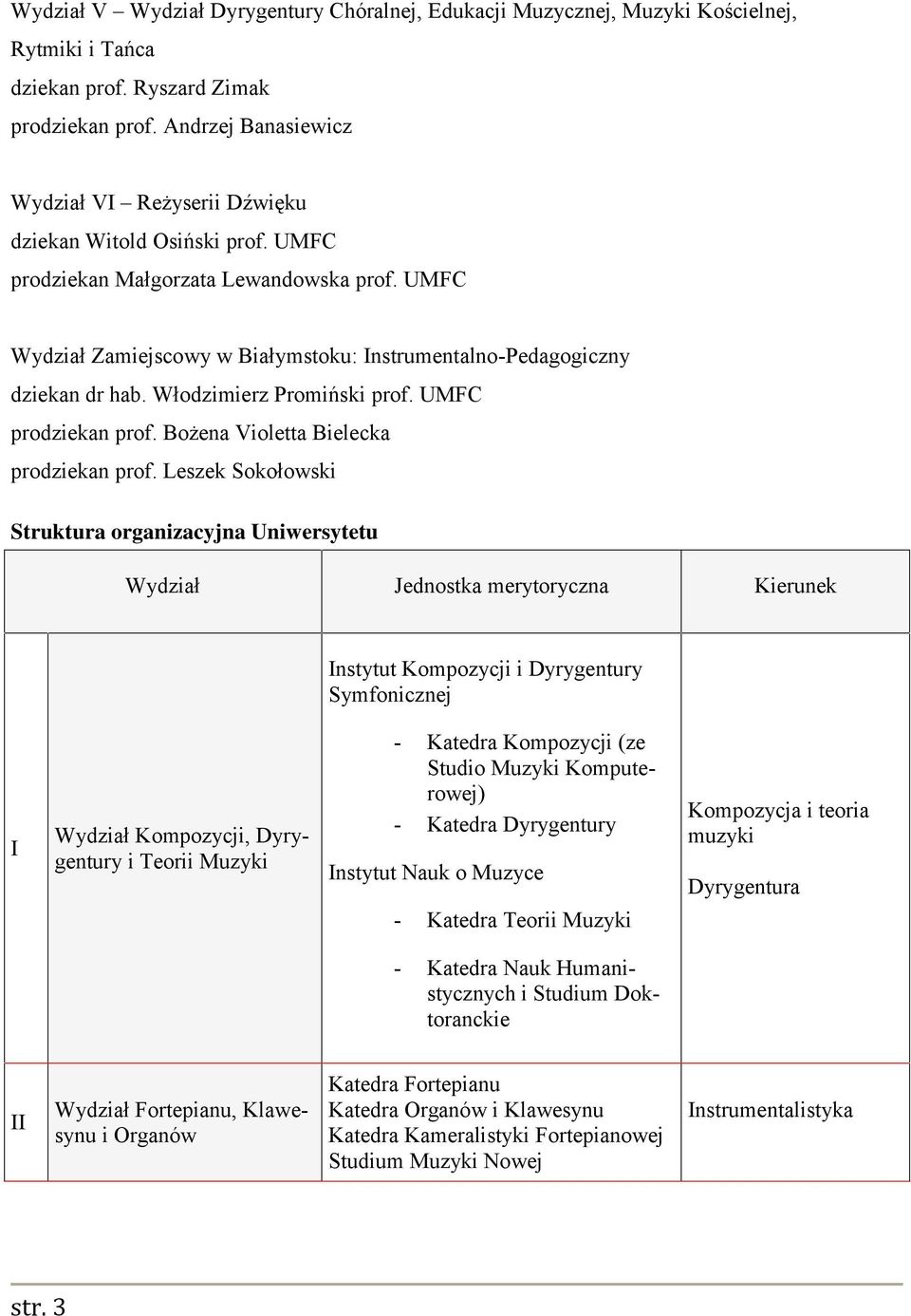 UMFC Wydział Zamiejscowy w Białymstoku: Instrumentalno-Pedagogiczny dziekan dr hab. Włodzimierz Promiński prof. UMFC prodziekan prof. Bożena Violetta Bielecka prodziekan prof.