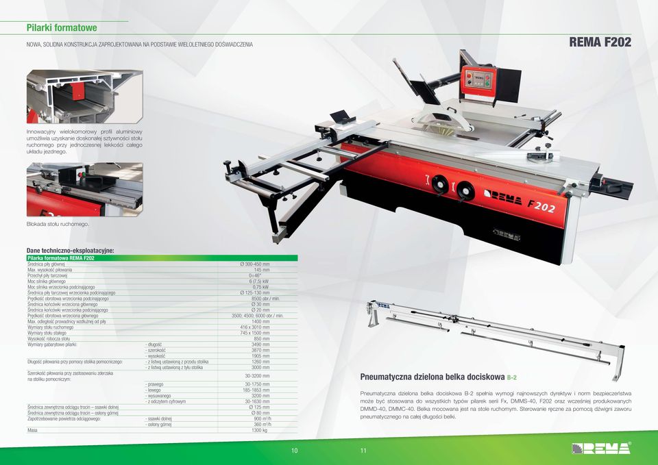 wysokość piłowania 145 mm Przechył piły tarczowej 0 46 Moc silnika głównego 6 (7,5) kw Moc silnika wrzecionka podcinającego 0,75 kw Średnica piły tarczowej wrzecionka podcinającego Ø 125-130 mm
